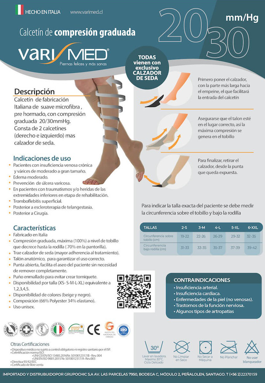 Calcetín Varimed compresión graduada 20/30 mmHg microfibra punta abierta con calzador 280 den.